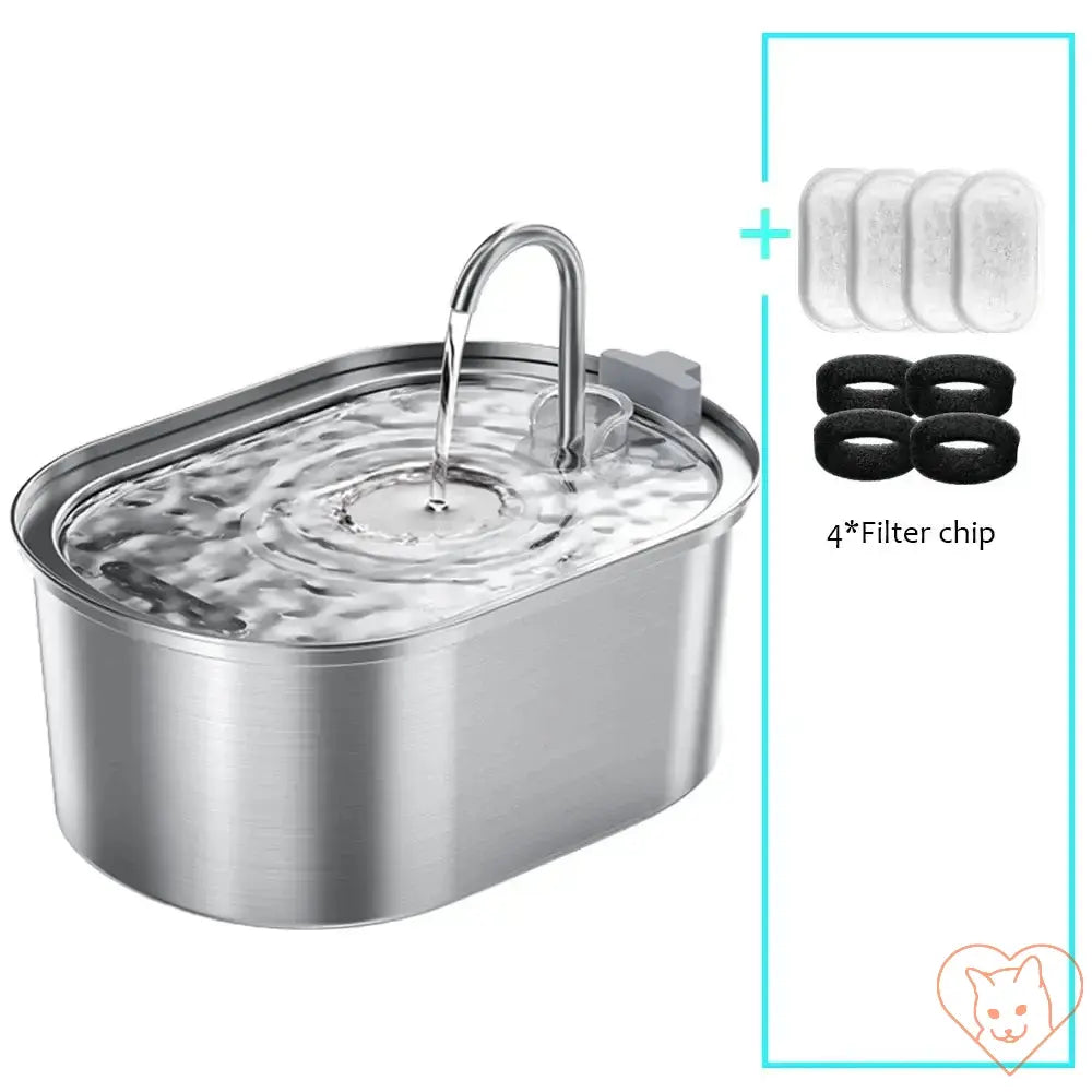 Smart 3.2L stainless steel cat water fountain with filter chips and flowing water.