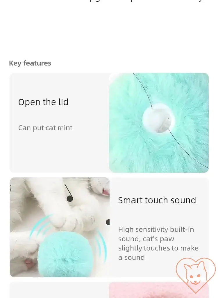 Smart Electric Catnip Ball features: open lid for cat mint, smart touch sound activation for playful interaction.