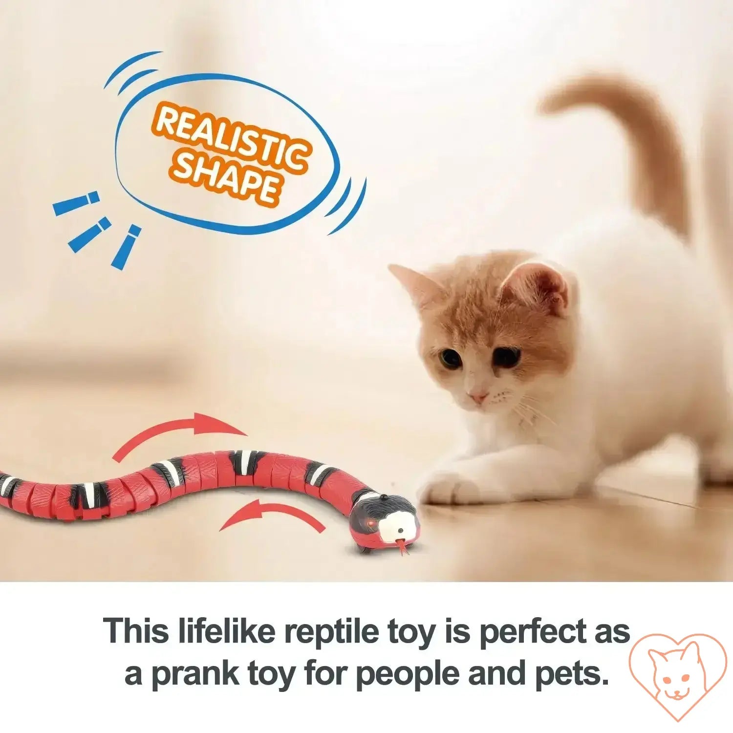 Cat playing with realistic snake toy, perfect for entertainment and pranks for pets and people.