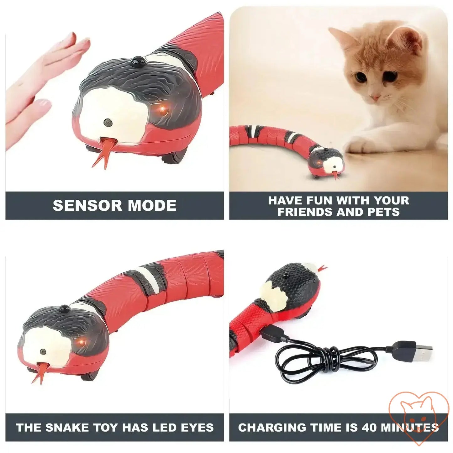 Smart Sensing Snake Cat Toy with sensor mode, LED eyes, and charging cable, entertaining cats with interactive play.