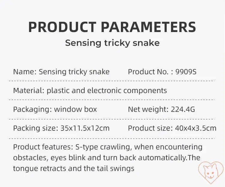 Sensing tricky snake cat toy parameters, features, and specifications on product info sheet.