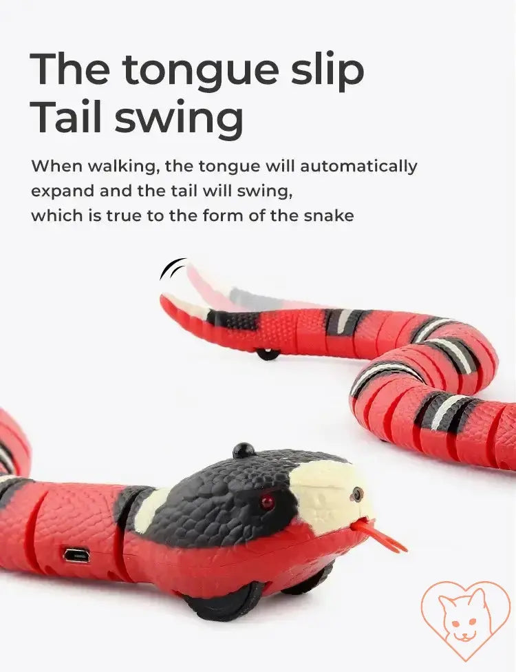 Close-up of Smart Sensing Snake Cat Toy showing realistic tongue and tail movement, designed to entertain cats.