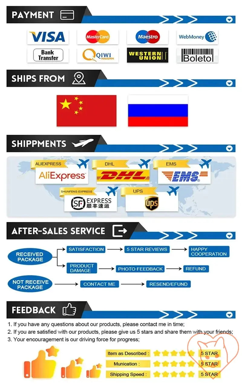 Payment options and shipping information for online purchases, highlighting customer feedback and after-sales service.