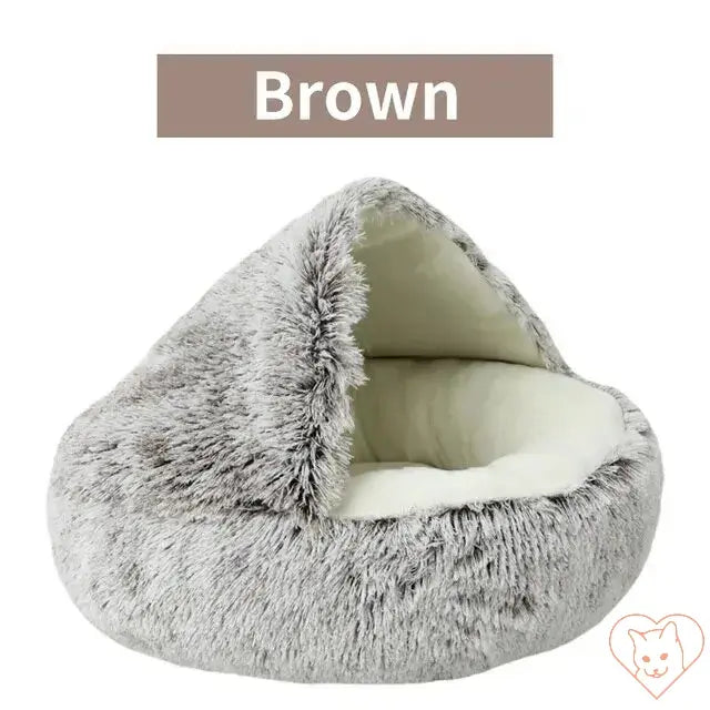 Soft plush 2-in-1 cat bed in gray color, featuring a cozy nest design and warm interior.