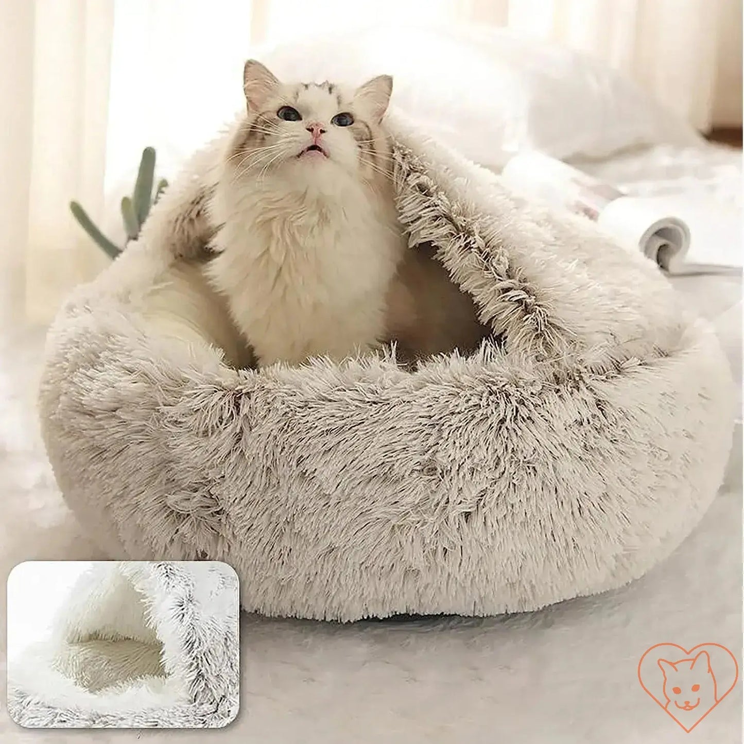 Cozy Soft Plush 2-in-1 Cat Bed with Cover featuring a fluffy cat peeking out.