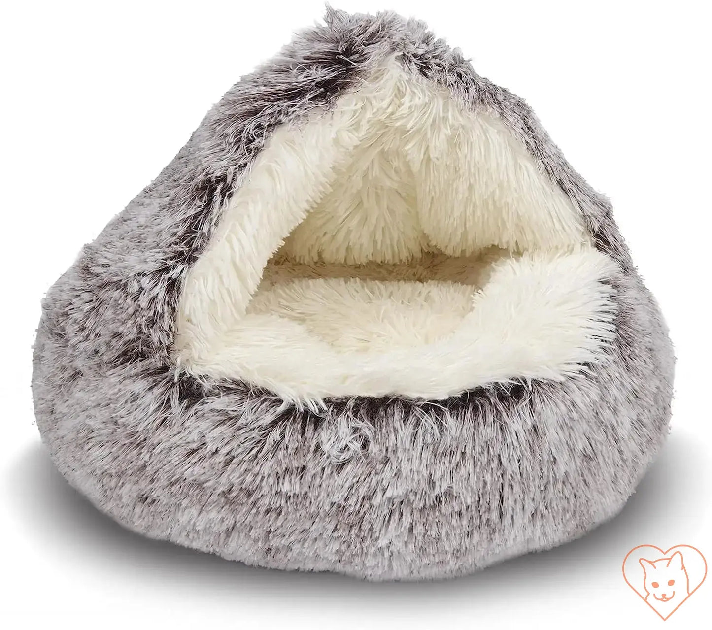 Soft Plush 2-in-1 Cat Bed with Cover, cozy sleeping nest for cats and small dogs in grey and white.