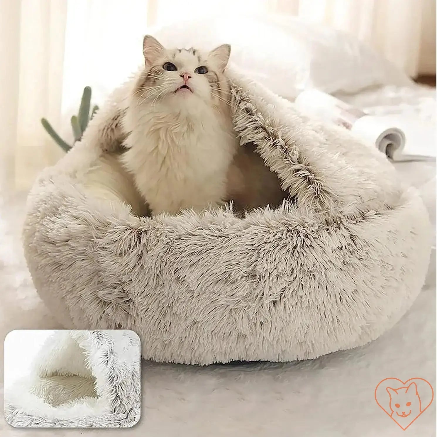 Soft Plush 2-in-1 Cat Bed with Cover featuring a cozy cat nestled inside, ideal for warmth and comfort.