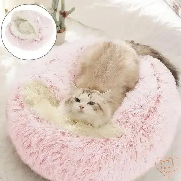 Soft Plush 2-in-1 Cat Bed with Cover in pink, featuring a cat resting comfortably inside.