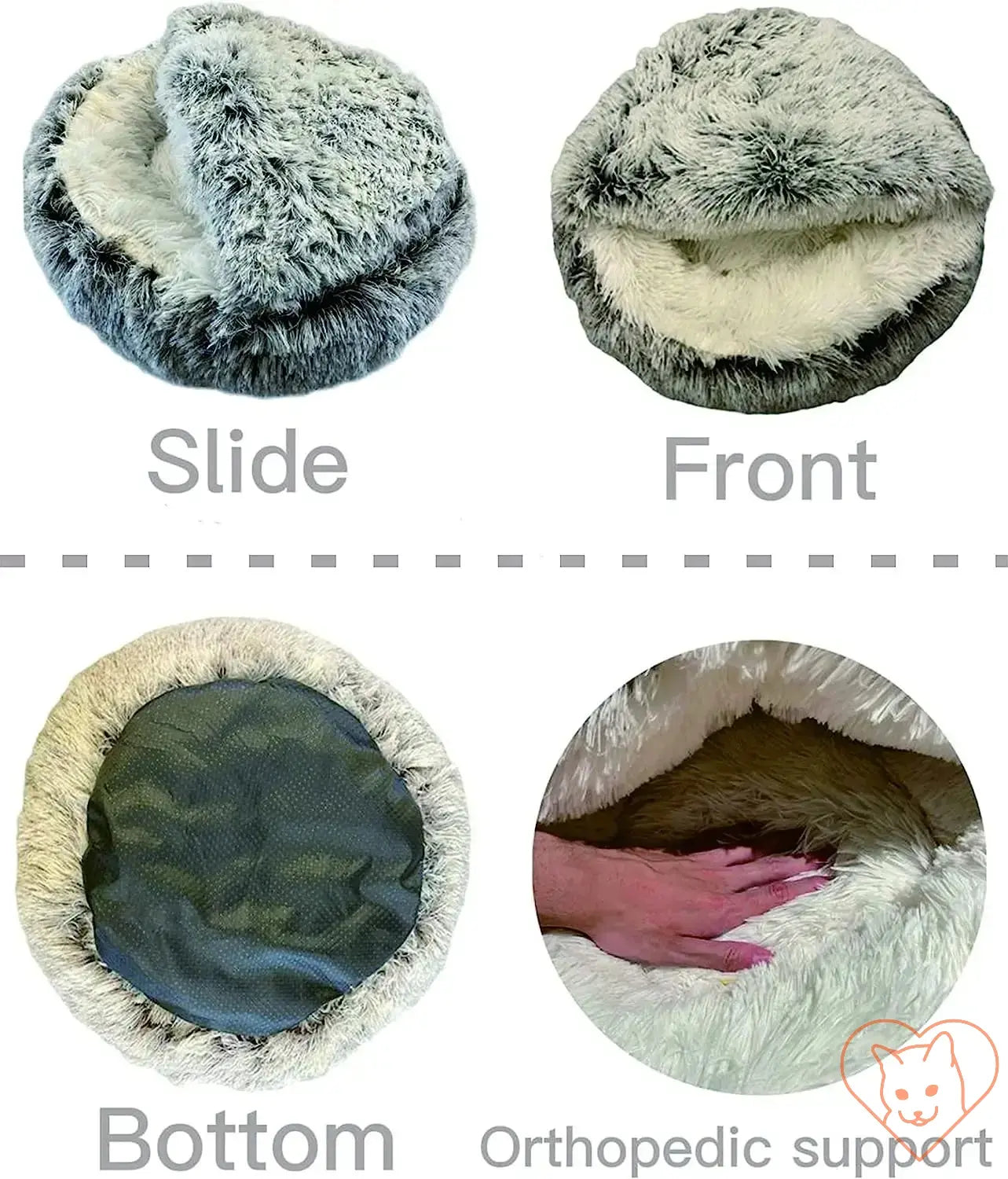 Soft Plush 2-in-1 Cat Bed with Cover, showcasing slide, front, bottom view, and orthopedic support details.