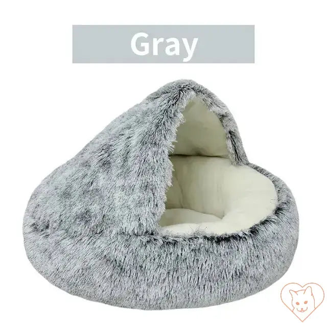 Soft plush gray 2-in-1 cat bed with cover, cozy sleeping nest for cats and small dogs.