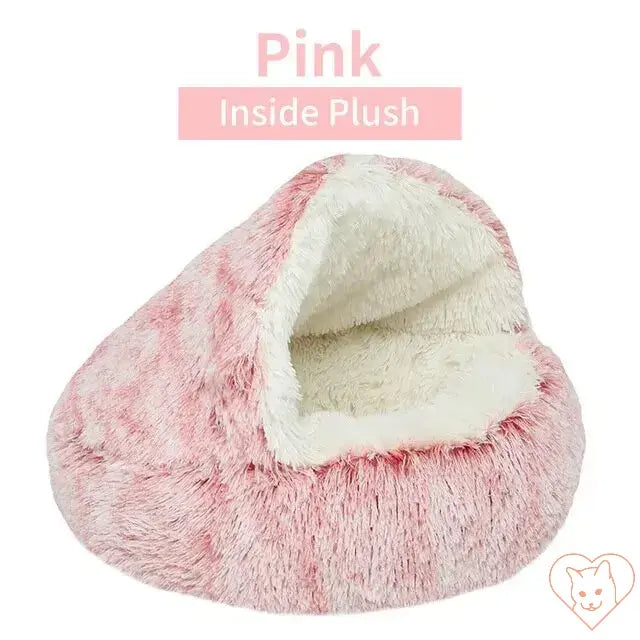 Soft plush pink cat bed with cozy interior, perfect for small cats and dogs to snuggle and relax.