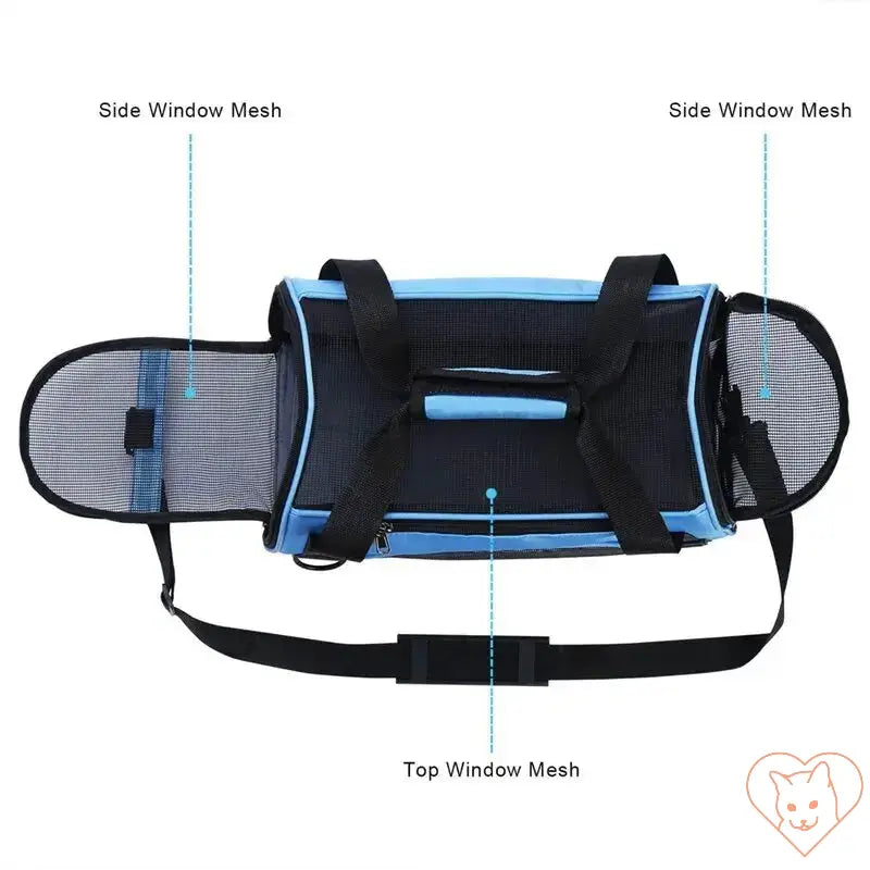 Soft-sided cat carrier featuring side and top window mesh for ventilation, portable design with adjustable straps.