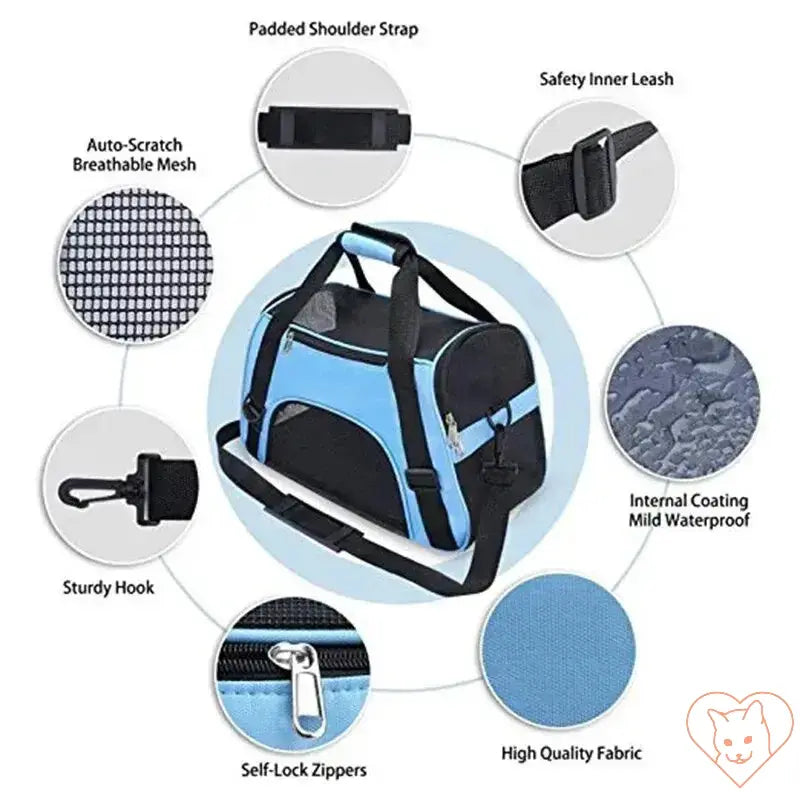 Soft-sided cat carrier features durable fabric, padded strap, safety leash, and waterproof interior for pet travel.