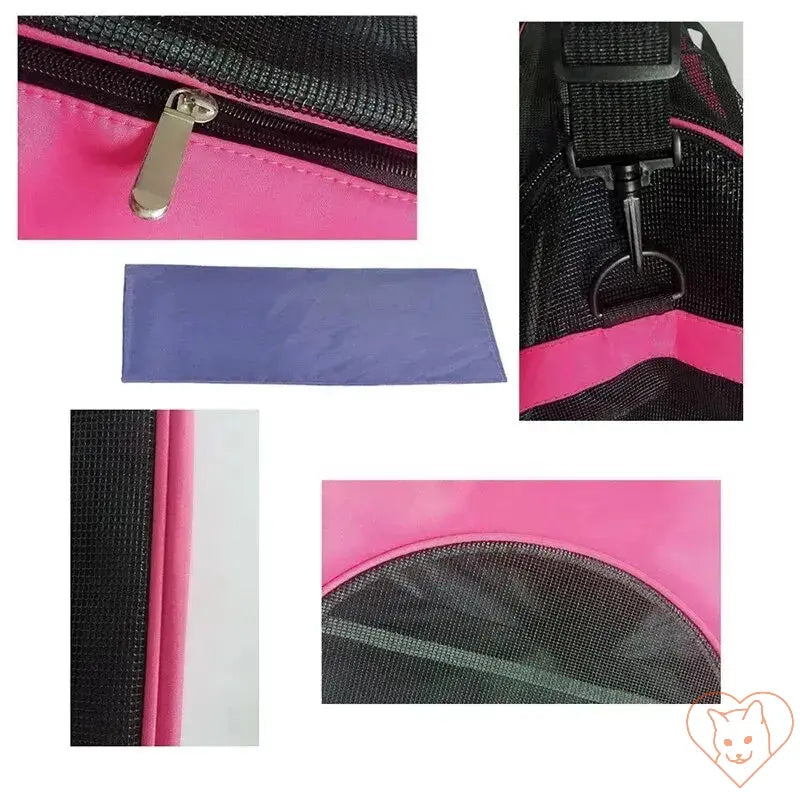 Close-up of Soft-Sided Cat Carrier features including zipper, clip, and breathable mesh design.
