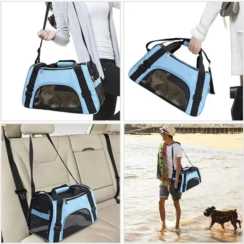 Soft-sided cat carrier in blue, showcasing portability for travel with pets, featuring a cozy interior and adjustable straps.
