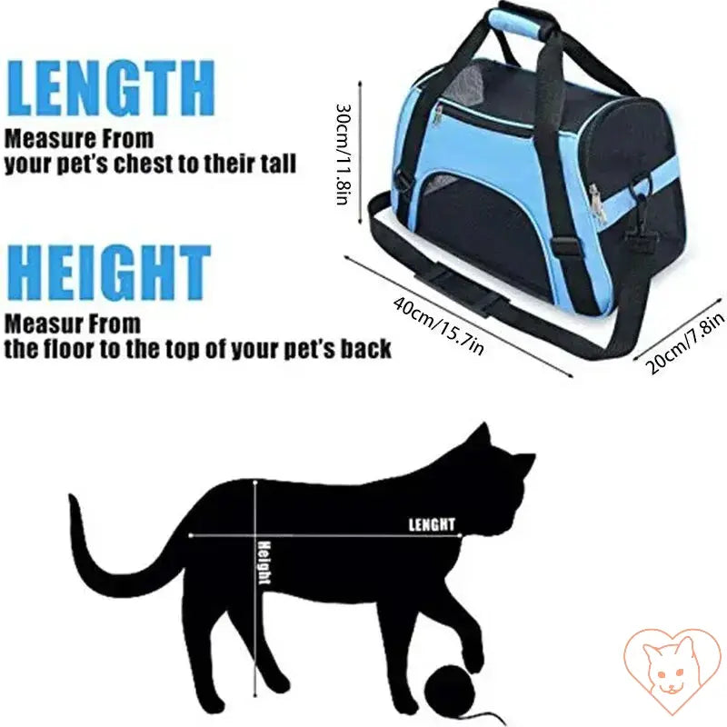 Measuring guide for soft-sided cat carrier, showing length and height dimensions for pet comfort.