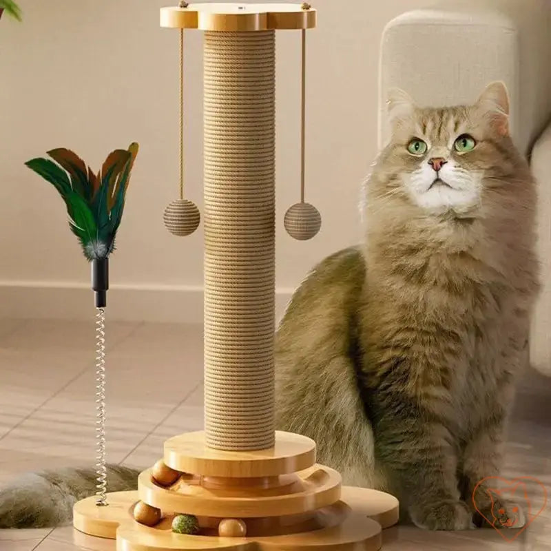 Solid wood cat turntable with sisal scratching post, featuring toy attachments for active play and engagement.