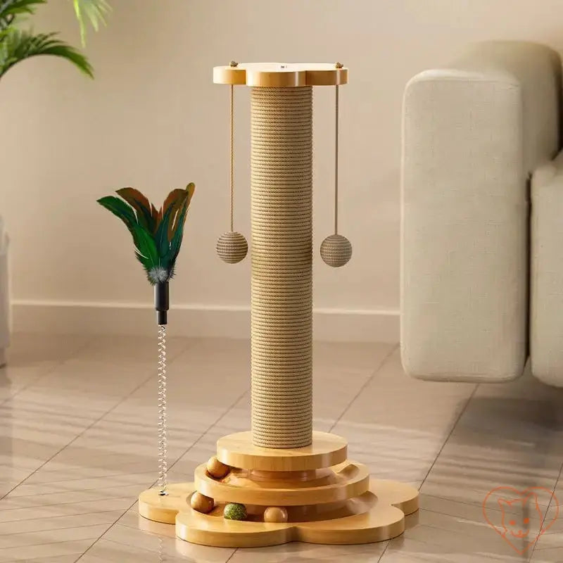 Solid wood cat turntable with sisal scratching post and interactive teaser toy for playful cats.