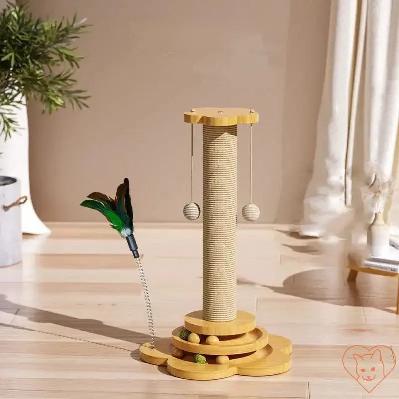 Solid wood cat turntable with sisal scratching post and interactive toys in a bright living room