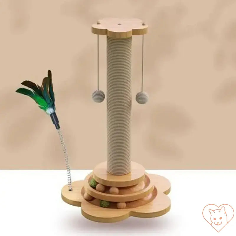 Solid wood cat turntable with sisal scratching post and feather teaser toy for interactive play.