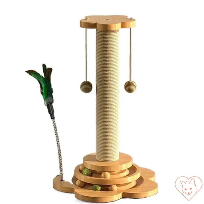 Solid wood cat turntable with sisal scratching post and teaser toy for interactive play.