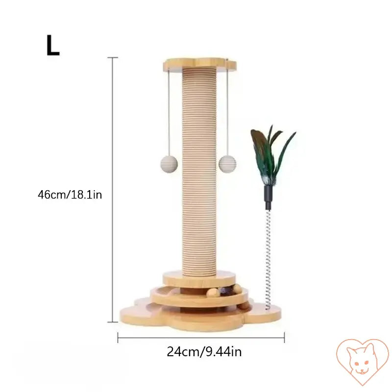 Solid wood cat turntable with sisal scratching post and interactive teaser toy, perfect for cat entertainment.