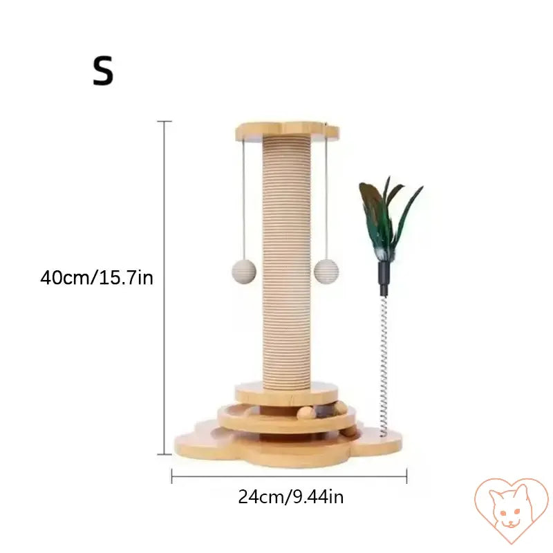 Solid wood cat turntable with sisal scratching post and interactive teaser toy, 15.7 in tall.