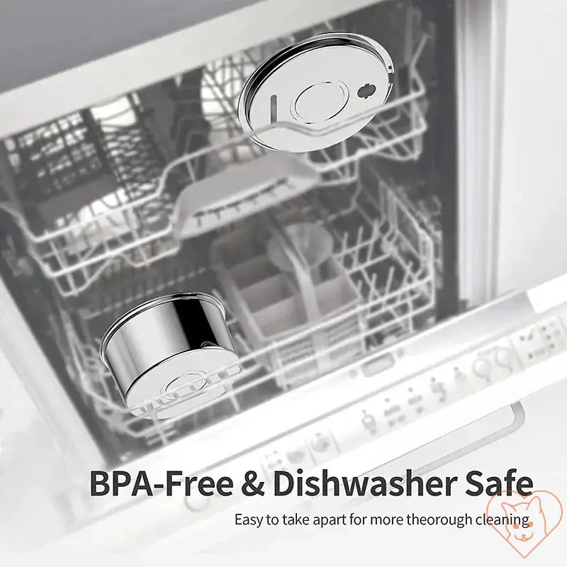 BPA-free and dishwasher safe stainless steel parts in a dishwasher for easy cleaning.