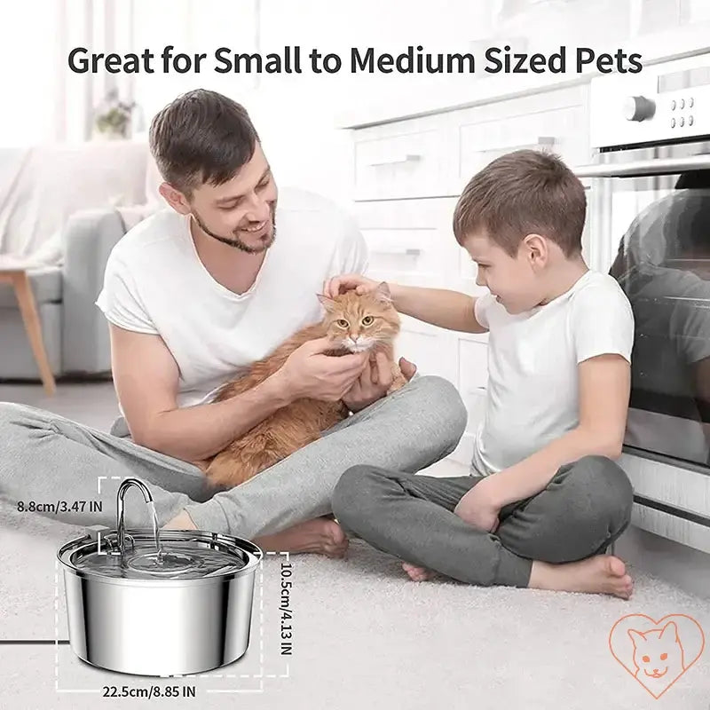 A man and a boy play with a cat near a stainless steel water fountain, ideal for small to medium pets.