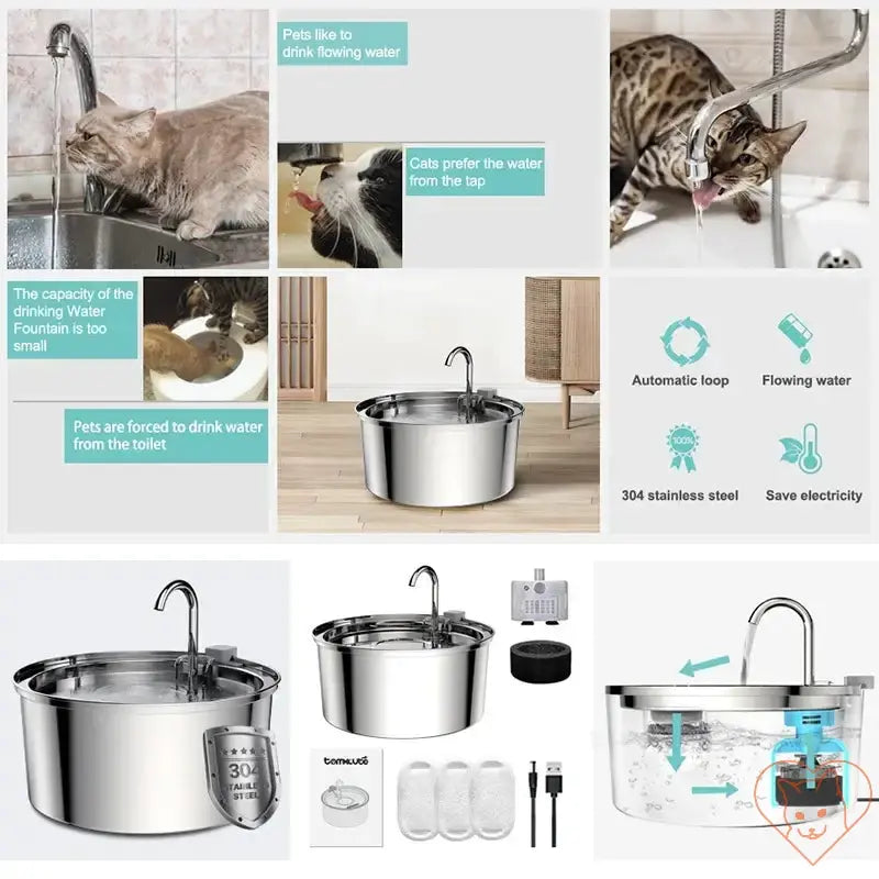 Stainless Steel Cat Water Fountain with dynamic flow, 304 stainless steel, and pet-friendly design for hydration.