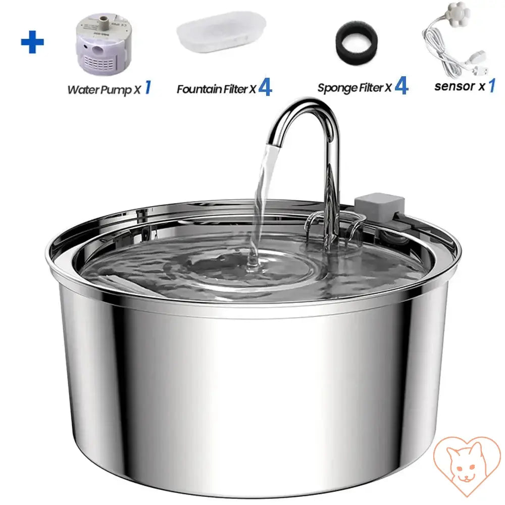 Stainless steel cat water fountain with components: water pump, fountain filters, sponge filters, sensor.