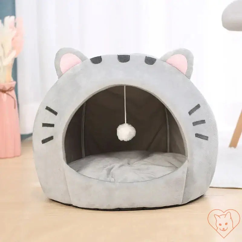 Super Cat Bed with hanging toy, cozy semi-covered design, perfect for cats and small dogs.