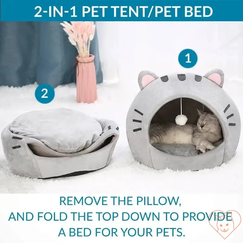 Cozy 2-in-1 pet tent and pet bed with a cat relaxing inside, featuring a removable pillow and foldable design.