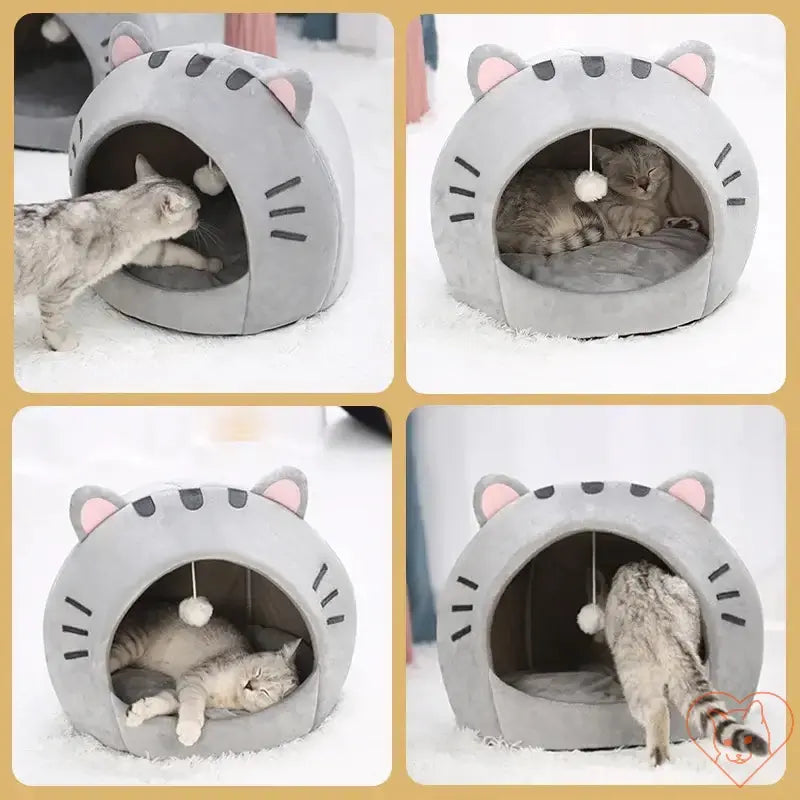 Cozy Super Cat Bed with hanging toy, featuring soft cotton and playful design for naps and relaxation.