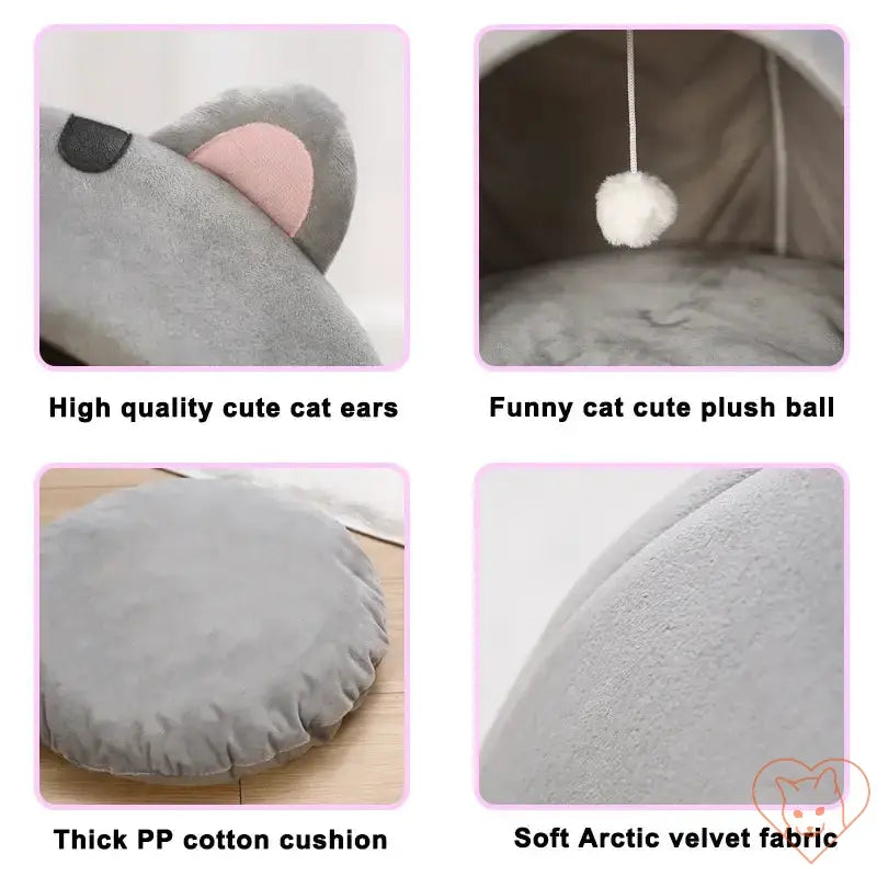 Close-up of Super Cat Bed features: cute cat ears, plush toy, thick cushion, and soft velvet fabric.