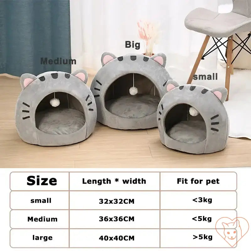 Super Cat Bed sizes: small, medium, and large with a cozy cave design for pets and a hanging toy.