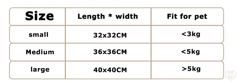 Size chart for Super Cat Bed showing dimensions and pet weight limits for small, medium, and large options.