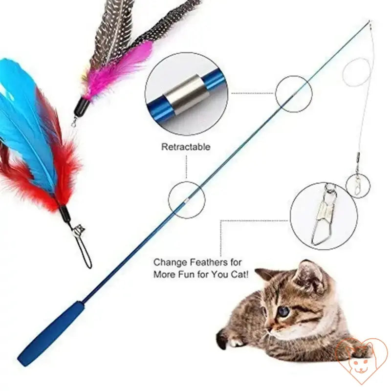 Super Long Telescopic Cat Teaser Stick with colorful feather attachments and retractable features for cat play.