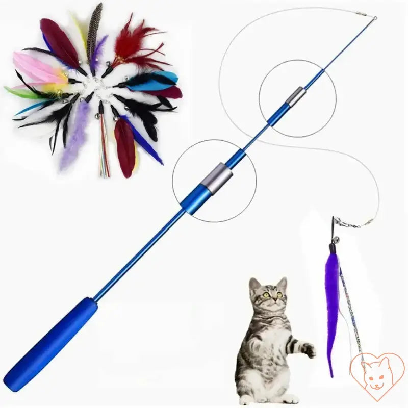 Super Long Telescopic Cat Teaser Stick with colorful feathers, engaging a playful cat in an interactive game.