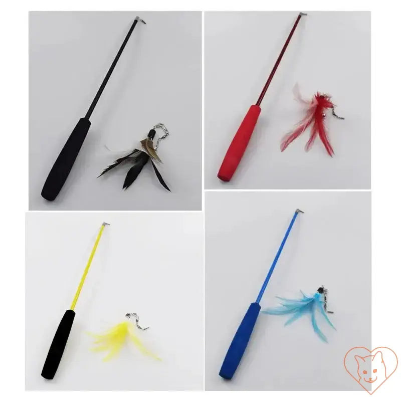 Super Long Telescopic Cat Teaser Stick in assorted colors with replaceable feather attachments for active play.