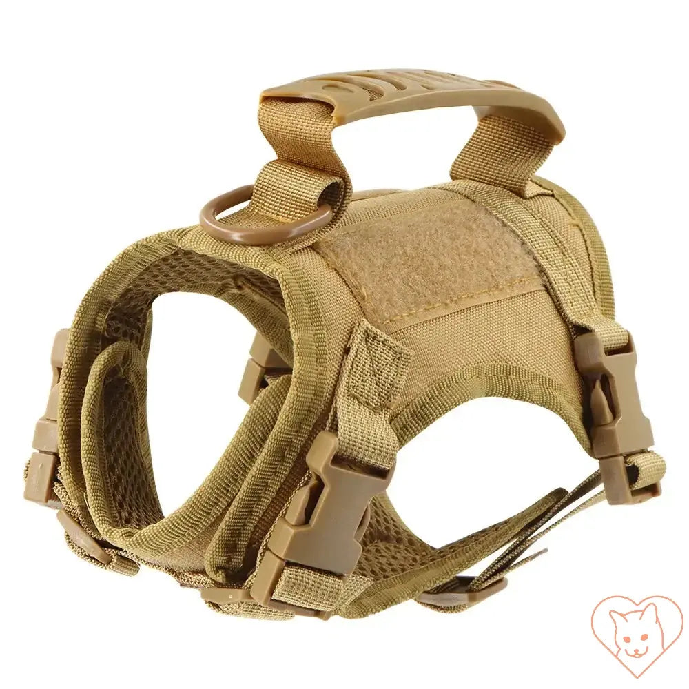 Tactical Escape-Proof Cat Harness in tan, adjustable fit with padded comfort for safe outdoor adventures.