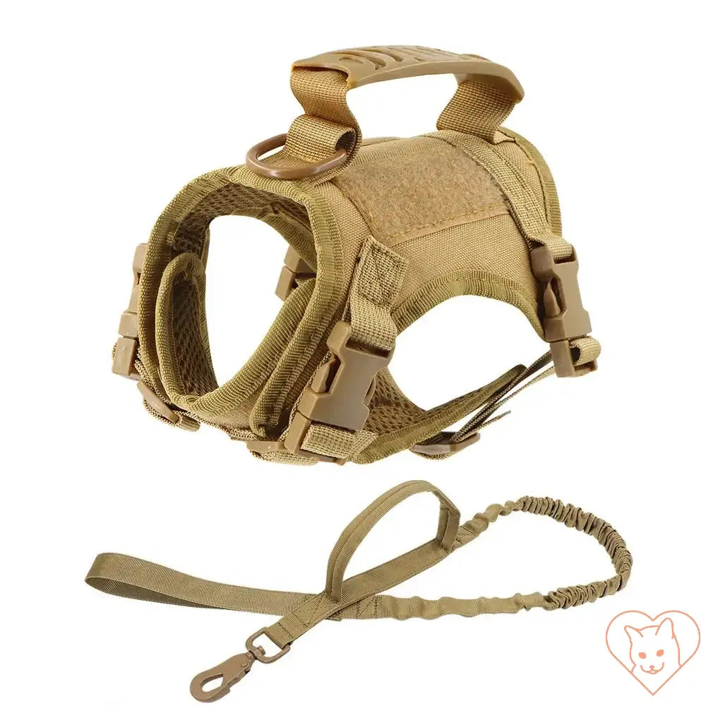 Tactical escape-proof cat harness in tan color, featuring adjustable straps and a padded design with a matching leash.