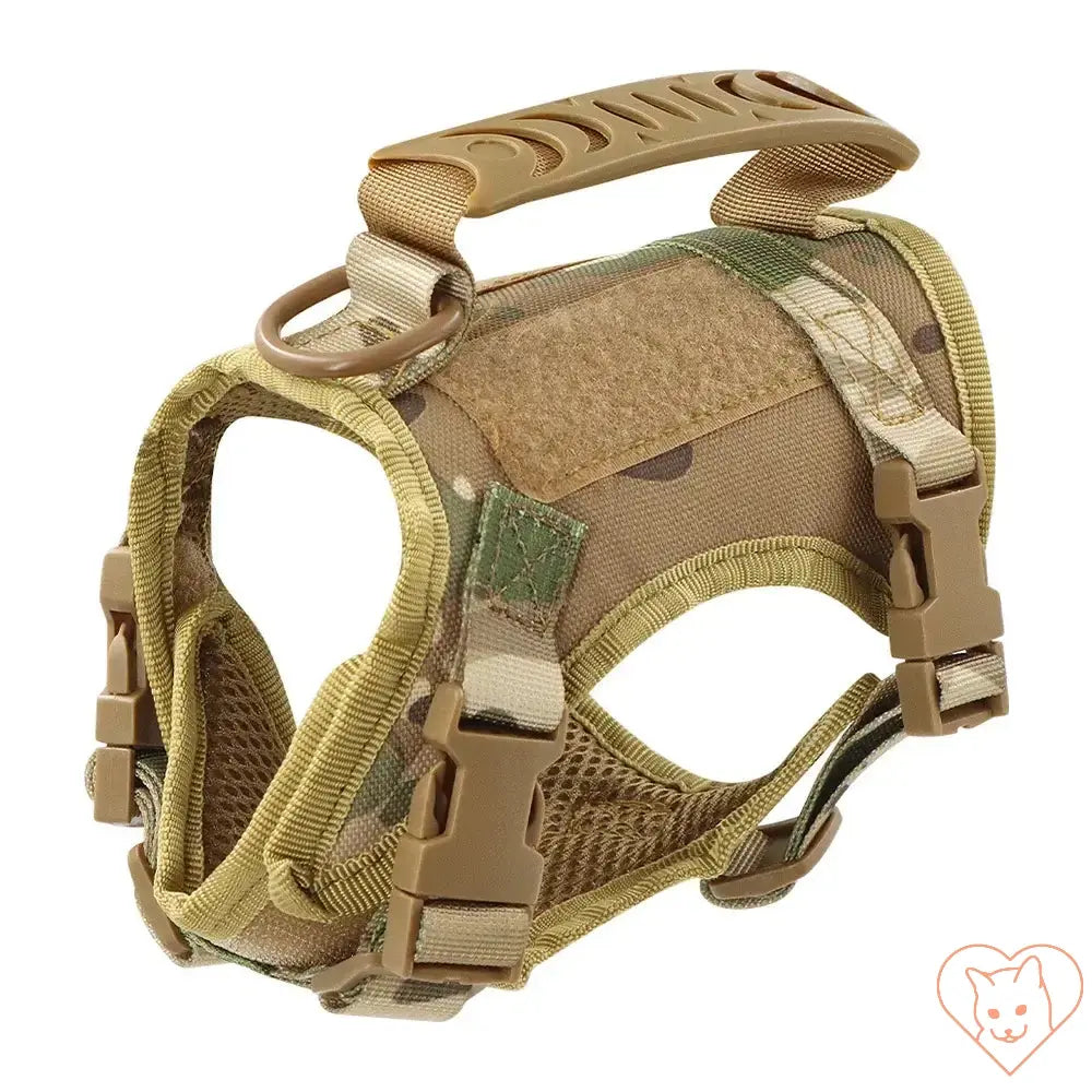 Tactical escape-proof cat harness in camo design, adjustable and padded for comfort and safety during outdoor adventures.