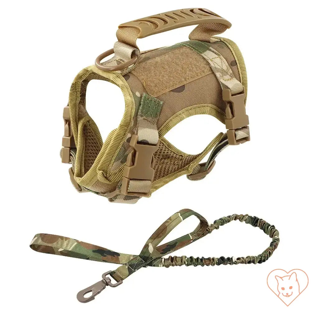 Tactical escape-proof cat harness in camouflage with adjustable straps and leash for outdoor adventures.