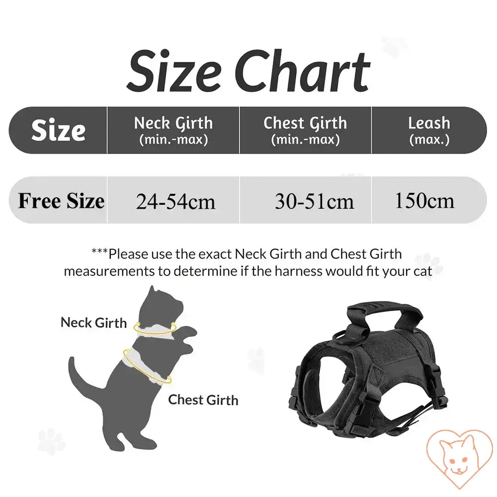 Size chart for Tactical Escape-Proof Cat Harness showing neck and chest girth measurements for proper fit.