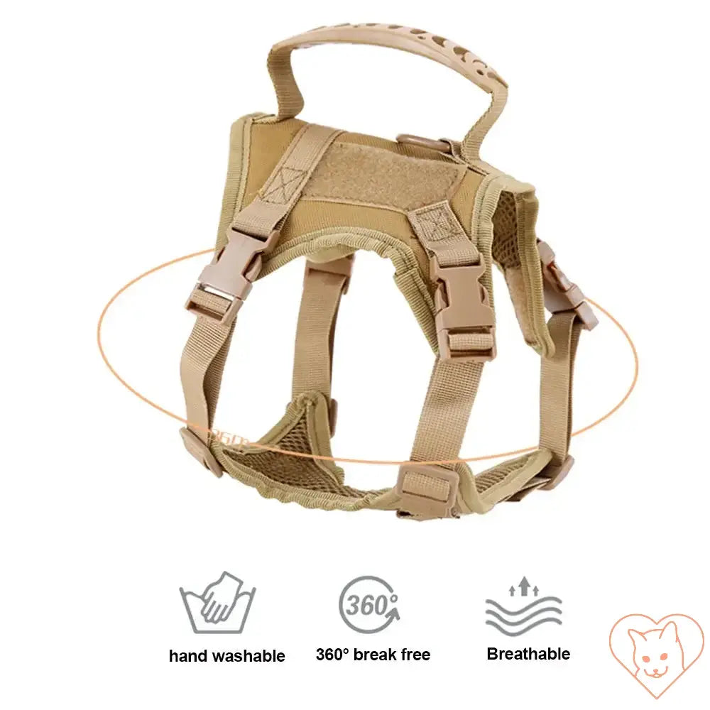 Tactical escape-proof cat harness in beige, featuring adjustable straps, breathable material, and a hand washable design.