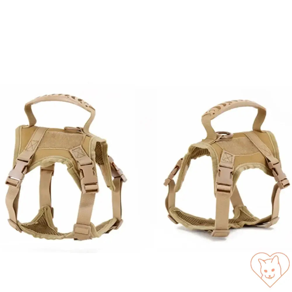 Tactical escape-proof cat harness in tan, showcasing adjustable straps and padded design for comfort and safety.