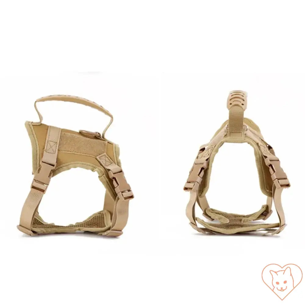 Tactical escape-proof cat harness in tan, featuring adjustable fit and padded design for comfort and security.