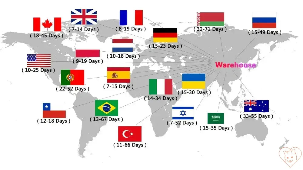 World map showing shipping times to various countries from a warehouse.