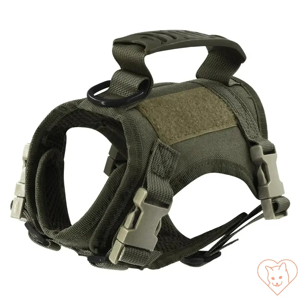 Tactical escape-proof cat harness in olive green, adjustable, padded design for safety and comfort during outdoor adventures.